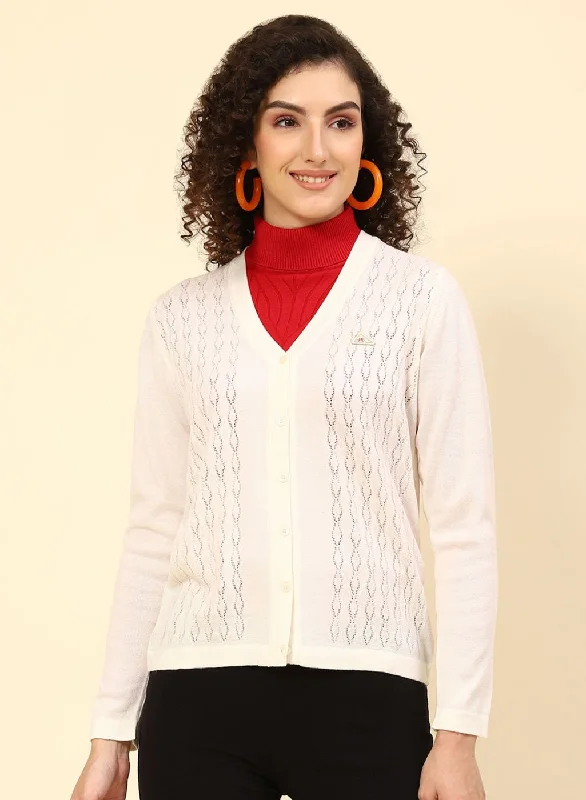 Women Off White Self Design Wool blend Cardigan