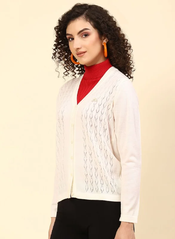 Women Off White Self Design Wool blend Cardigan