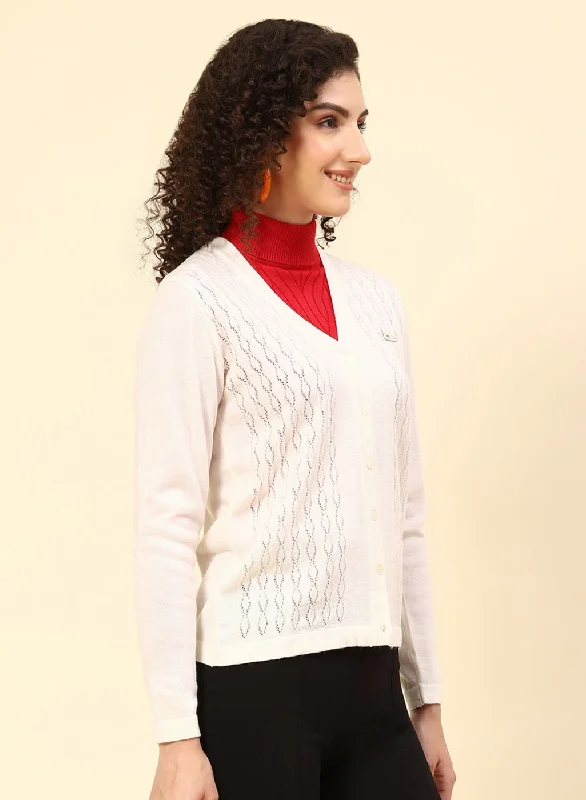 Women Off White Self Design Wool blend Cardigan