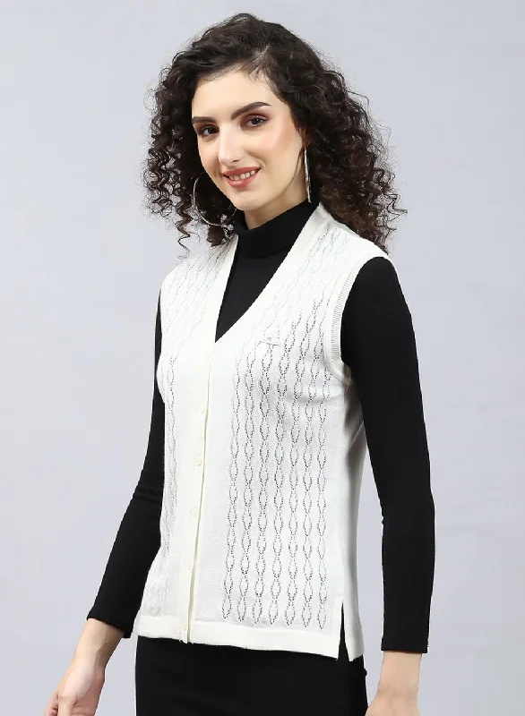 Women Off White Self Design Wool blend Cardigan