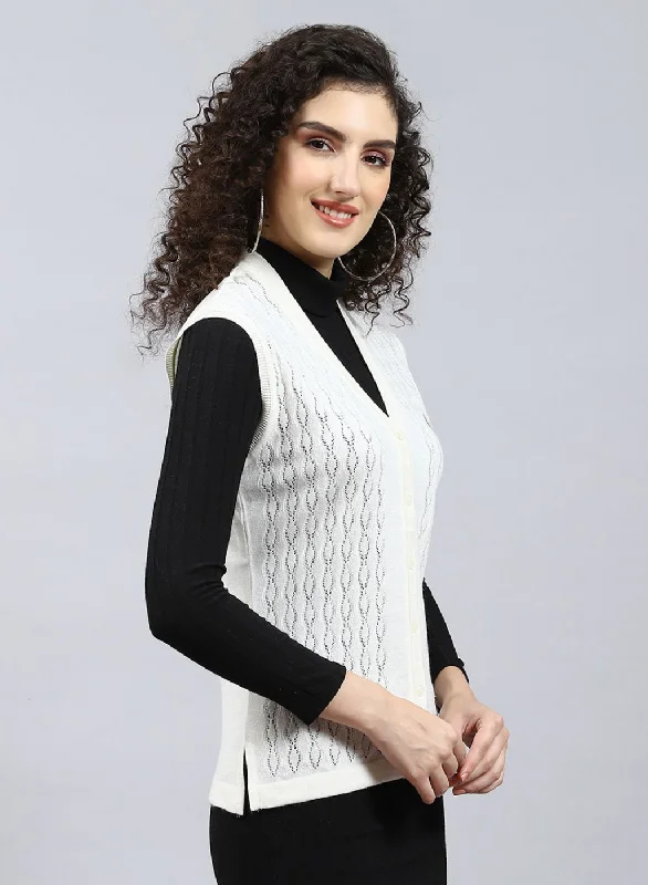 Women Off White Self Design Wool blend Cardigan