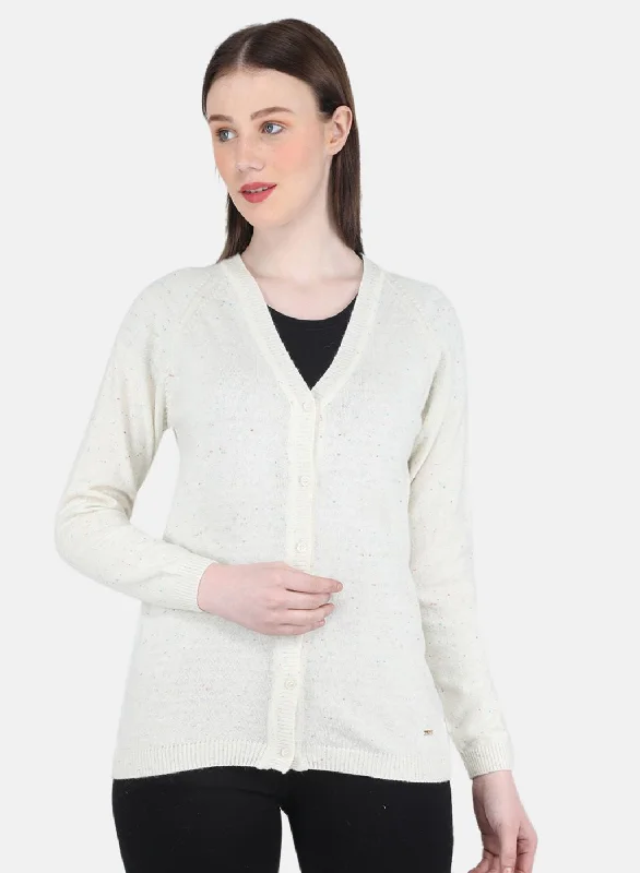 Women Off White Solid Cardigan