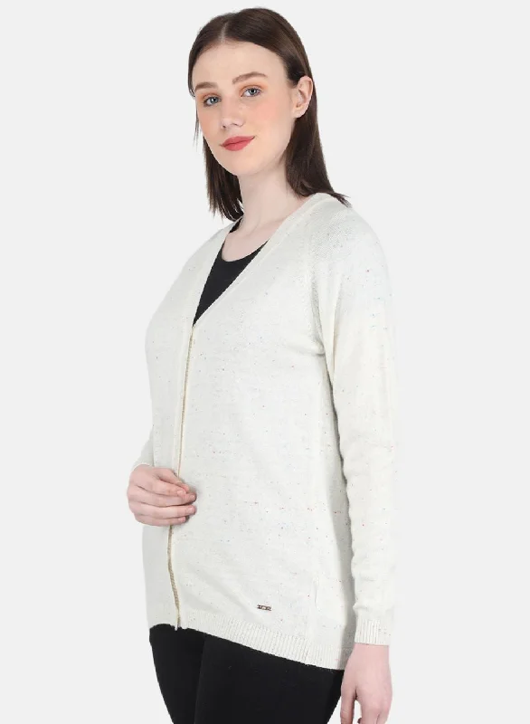 Women Off White Solid Cardigan