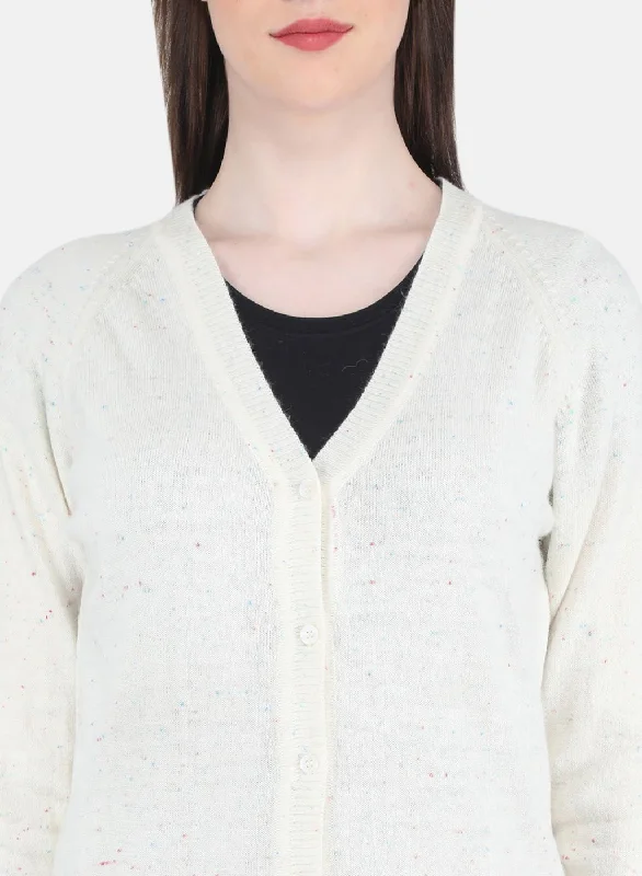 Women Off White Solid Cardigan