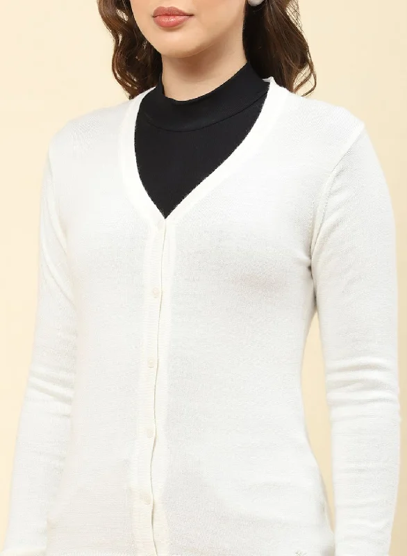 Women Off White Solid Modal Nylone Cardigan