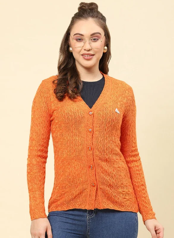 Women Orange Self Design Blend wool Cardigan