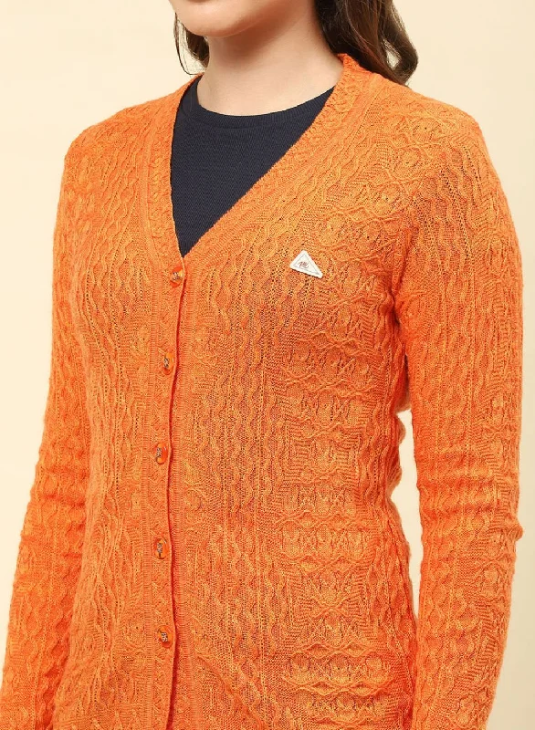 Women Orange Self Design Blend wool Cardigan