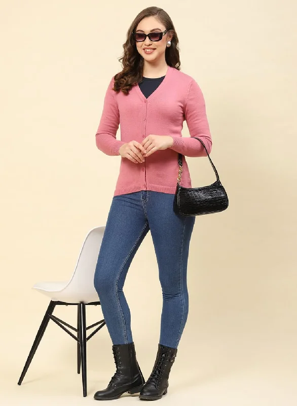 Women Pink Solid Modal Nylone Cardigan