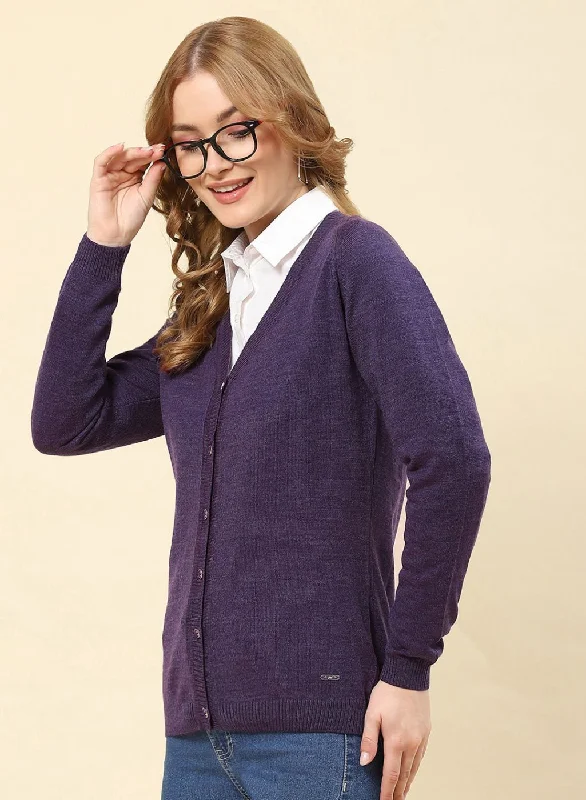 Women Purple Solid Blend wool Cardigan