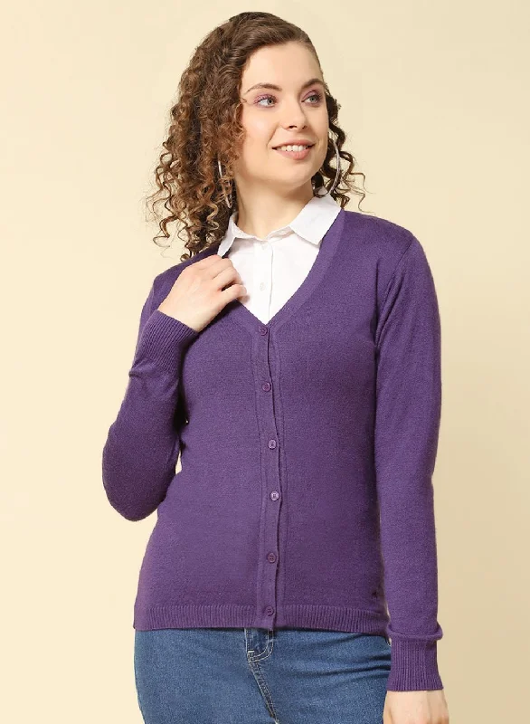 Women Purple Solid Modal Nylone Cardigan