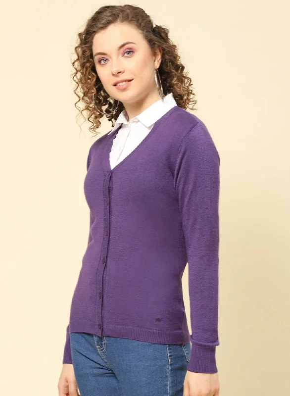 Women Purple Solid Modal Nylone Cardigan