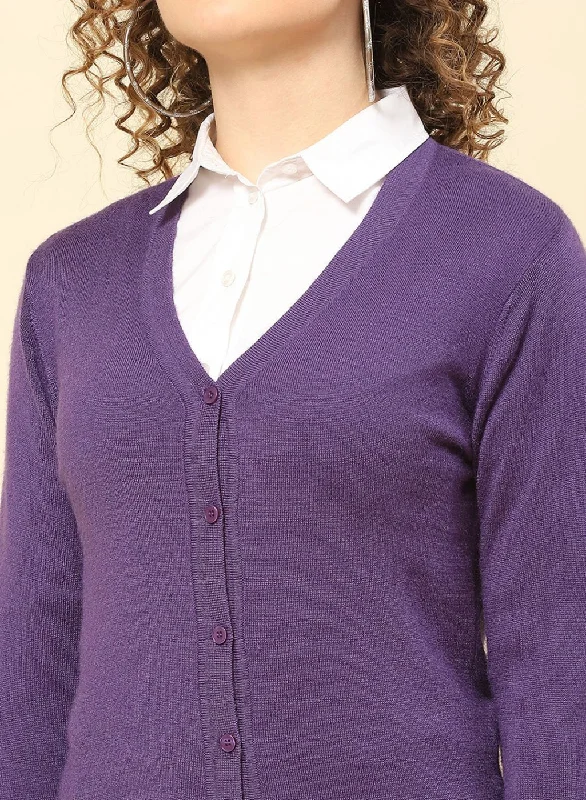 Women Purple Solid Modal Nylone Cardigan