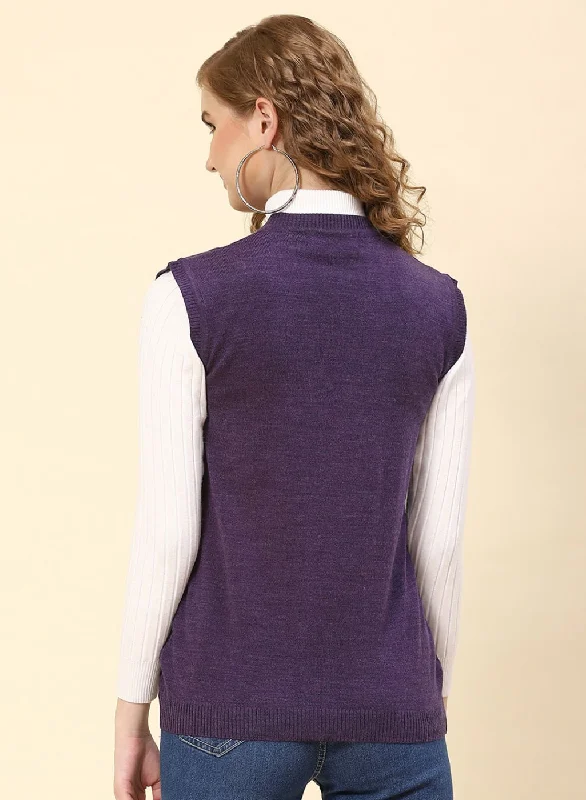 Women Purple Solid Wool blend Cardigan