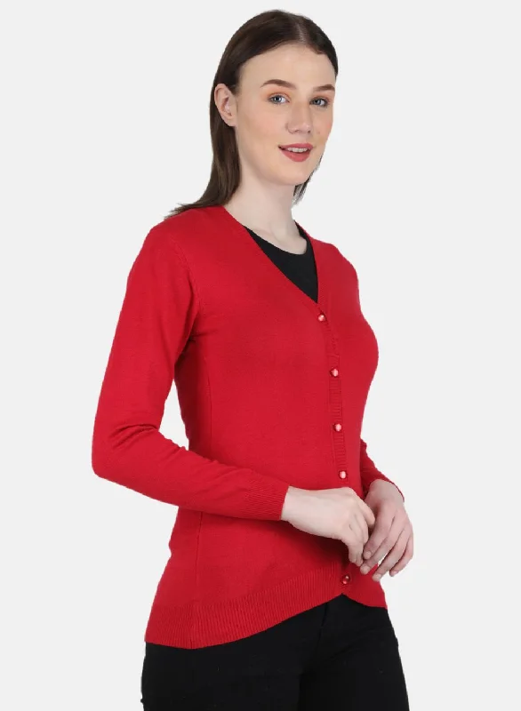 Women Red Self Design Cardigan