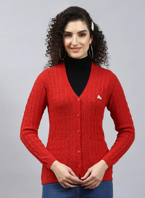 Women Red Self Design Wool blend Cardigan