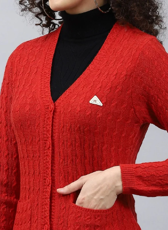 Women Red Self Design Wool blend Cardigan