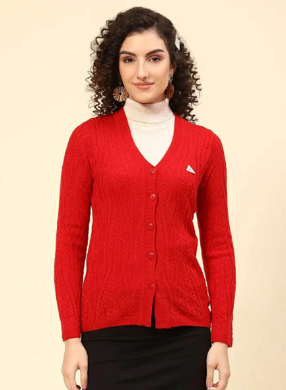 Women Red Self Design Wool blend Cardigan