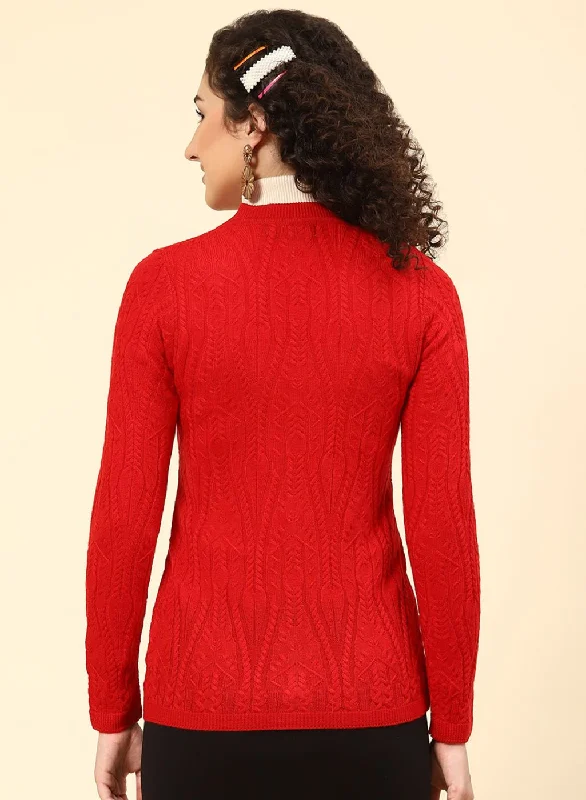 Women Red Self Design Wool blend Cardigan