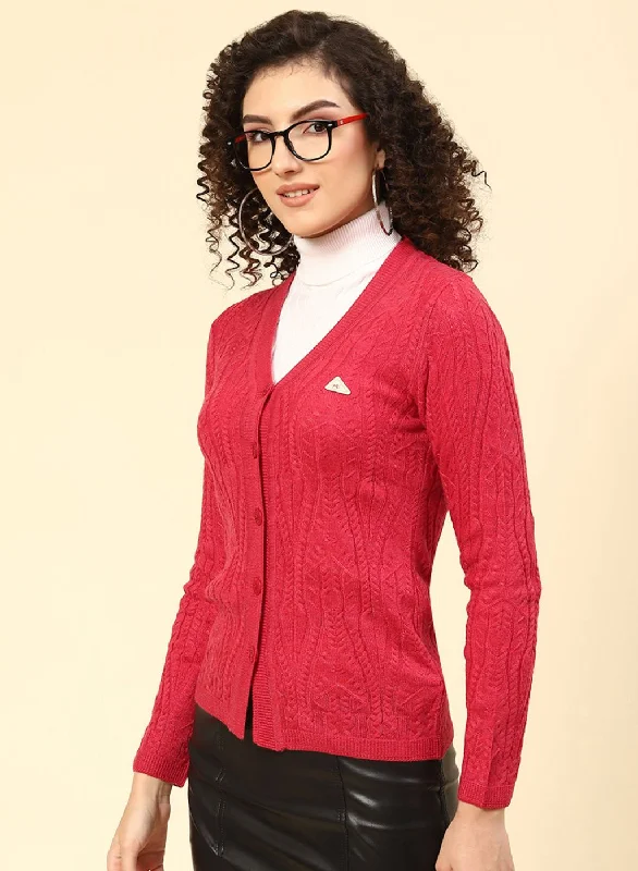 Women Red Self Design Wool blend Cardigan