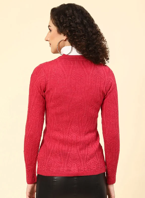 Women Red Self Design Wool blend Cardigan