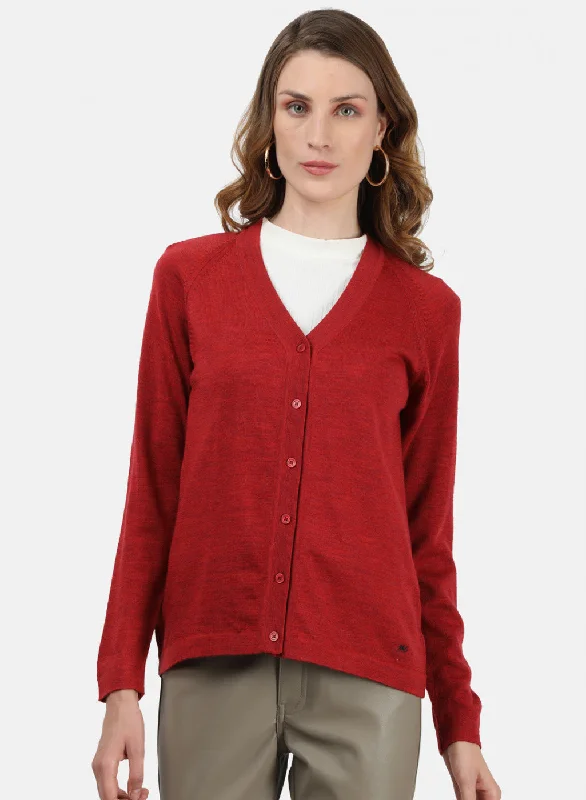 Women Red Solid Cardigan