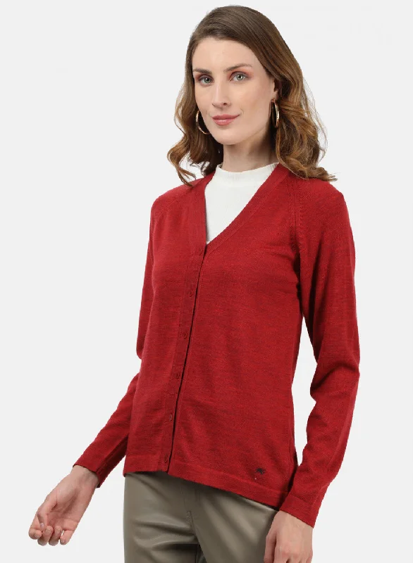 Women Red Solid Cardigan