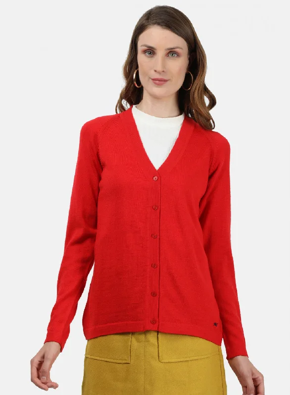 Women Red Solid Cardigan