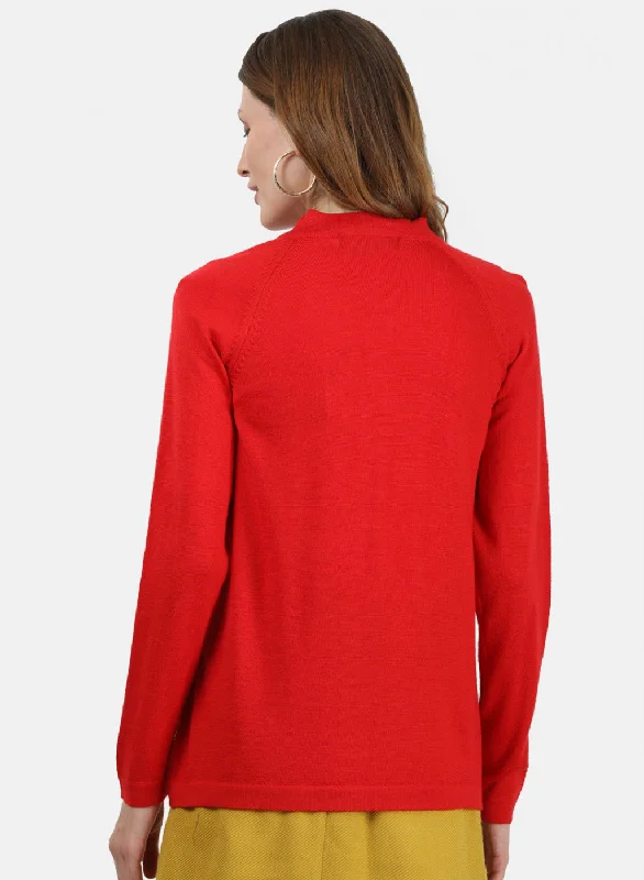 Women Red Solid Cardigan