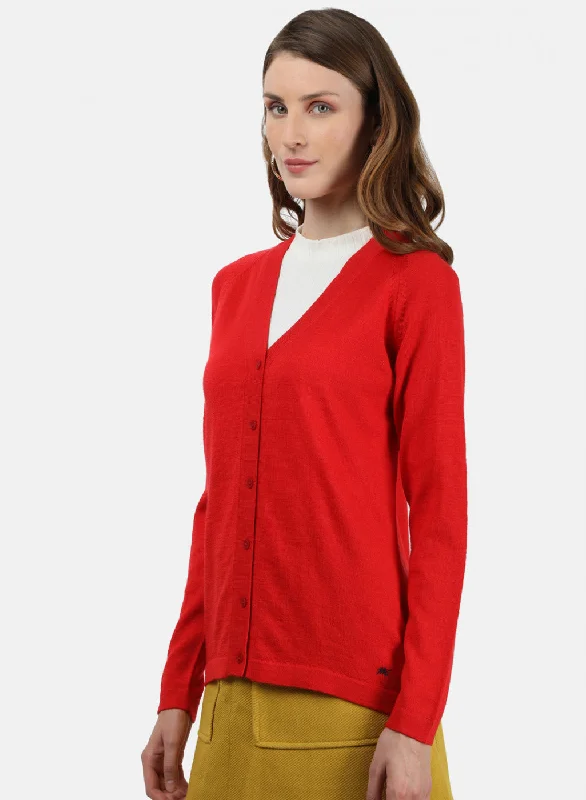 Women Red Solid Cardigan