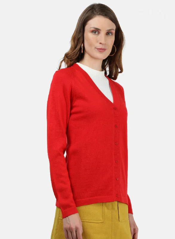 Women Red Solid Cardigan