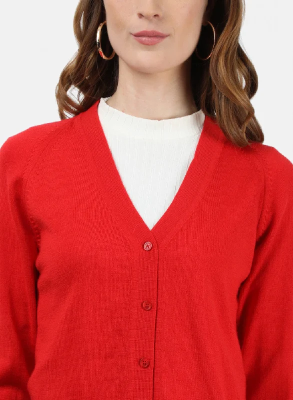 Women Red Solid Cardigan