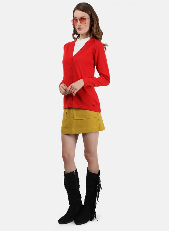 Women Red Solid Cardigan