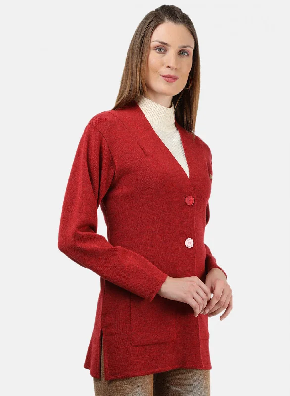 Women Red Solid Cardigan