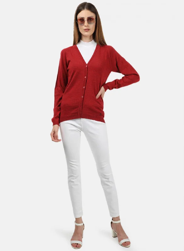 Women Red Solid Cardigan