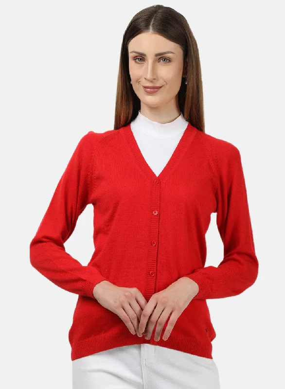 Women Red Solid Cardigan