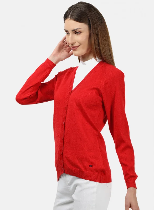 Women Red Solid Cardigan