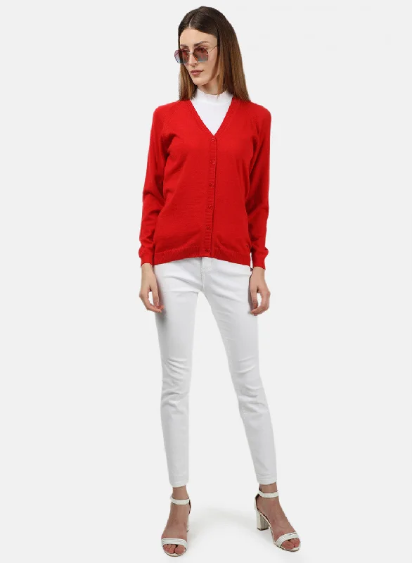 Women Red Solid Cardigan