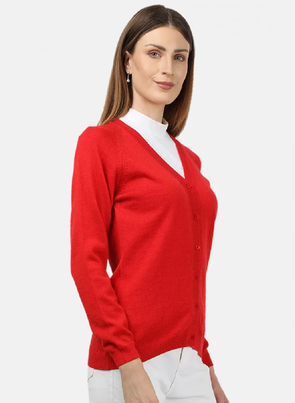 Women Red Solid Cardigan