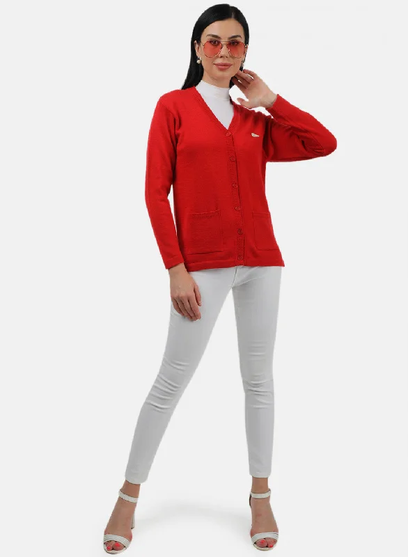 Women Red Solid Cardigan