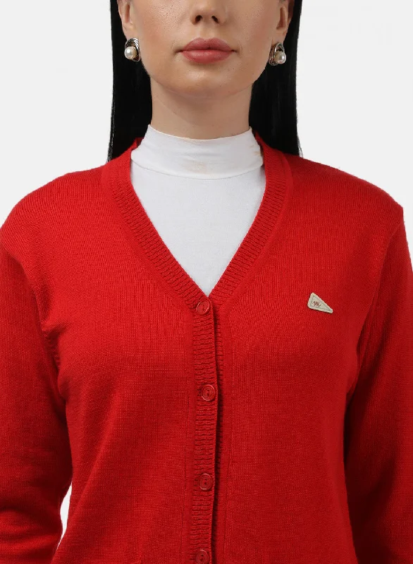 Women Red Solid Cardigan