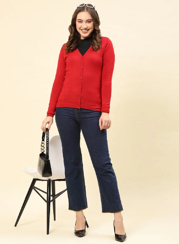 Women Red Solid Modal Nylone Cardigan