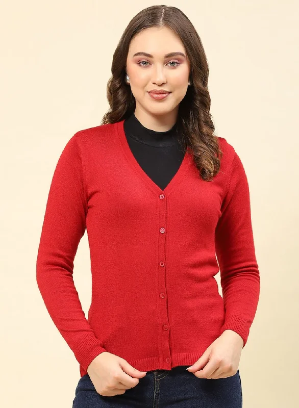 Women Red Solid Modal Nylone Cardigan