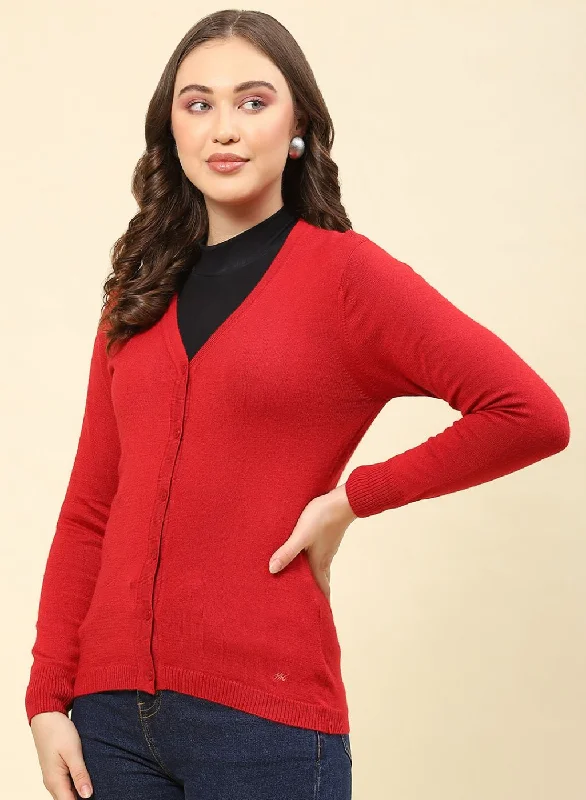 Women Red Solid Modal Nylone Cardigan