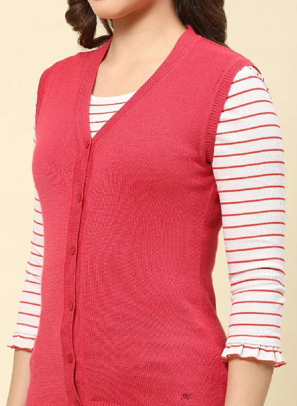 Women Red Solid Modal Nylone Cardigan