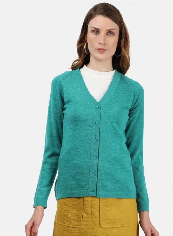 Women Sea Green Solid Cardigan