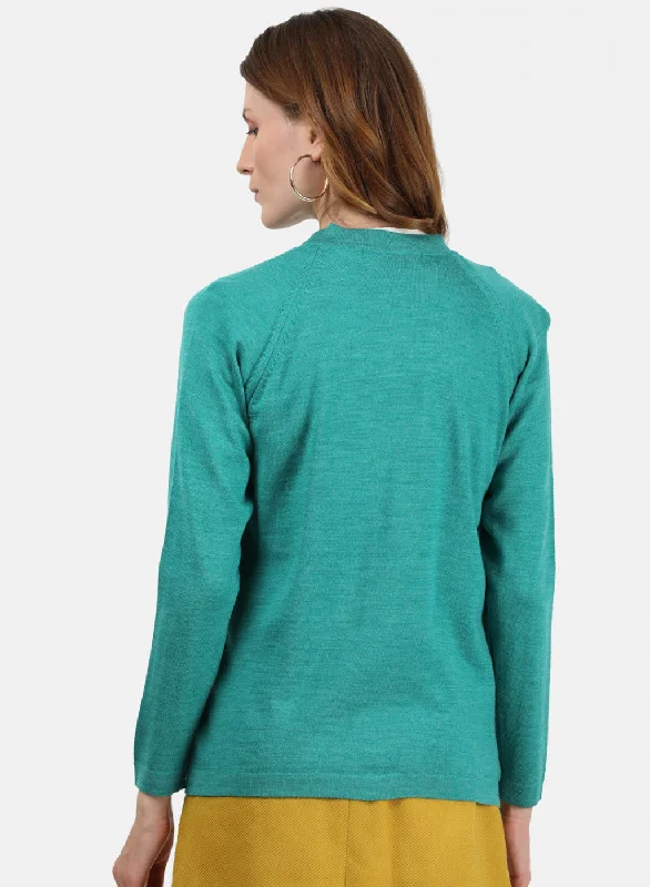 Women Sea Green Solid Cardigan