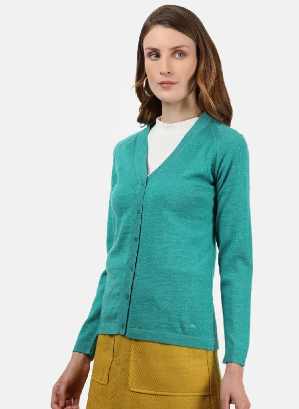 Women Sea Green Solid Cardigan