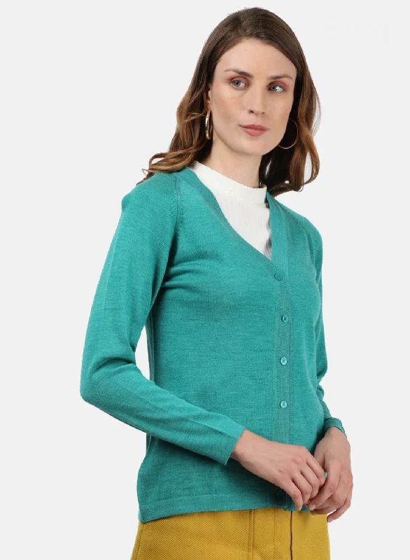 Women Sea Green Solid Cardigan