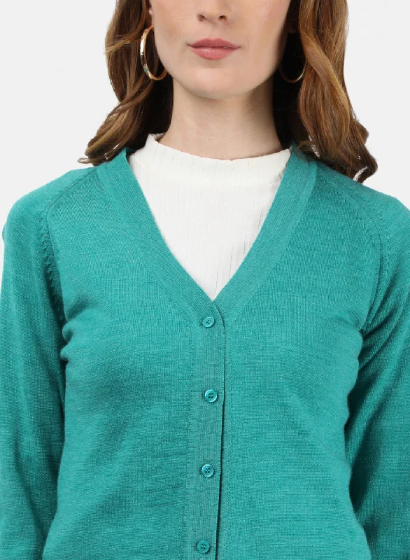 Women Sea Green Solid Cardigan