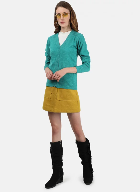 Women Sea Green Solid Cardigan